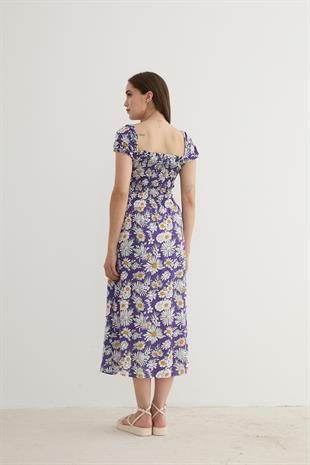 Kadın Çiçek Desenli Yırtmajlı Elbise MOR