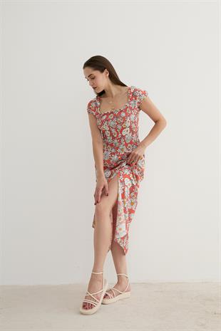 Kadın Çiçek Desenli Yırtmajlı Elbise ORANJ