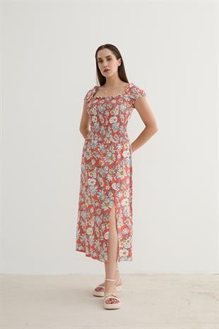 Kadın Çiçek Desenli Yırtmajlı Elbise ORANJ