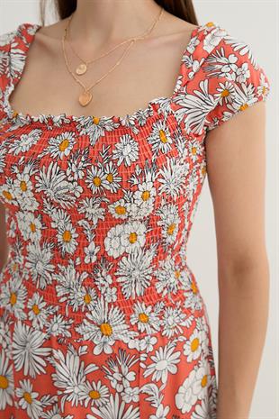Kadın Çiçek Desenli Yırtmajlı Elbise ORANJ