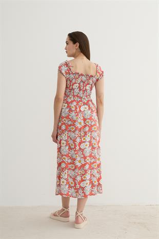 Kadın Çiçek Desenli Yırtmajlı Elbise ORANJ