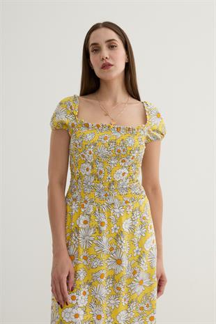 Kadın Çiçek Desenli Yırtmajlı Elbise SARI
