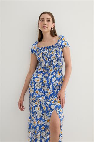 Kadın Çiçek Desenli Yırtmajlı Elbise SAKS