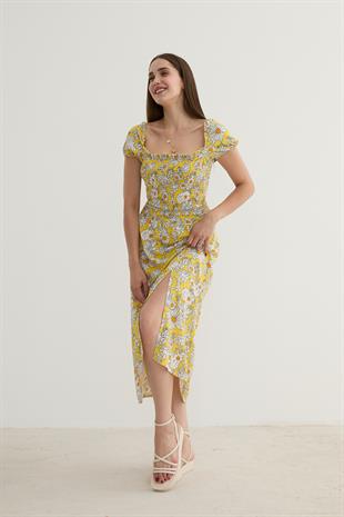 Kadın Çiçek Desenli Yırtmajlı Elbise SARI