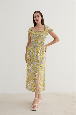 Kadın Çiçek Desenli Yırtmajlı Elbise SARI