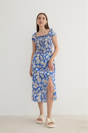 Kadın Çiçek Desenli Yırtmajlı Elbise SAKS