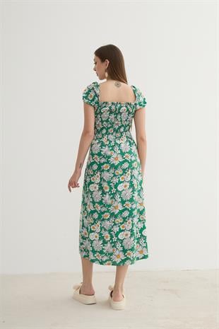 Kadın Çiçek Desenli Yırtmajlı Elbise YEŞİL