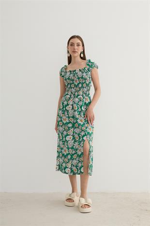 Kadın Çiçek Desenli Yırtmajlı Elbise YEŞİL