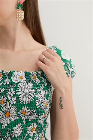 Kadın Çiçek Desenli Yırtmajlı Elbise YEŞİL