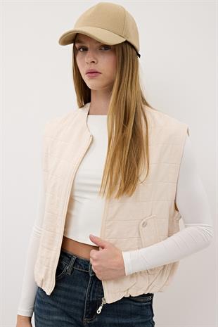 Kadın Çıt Çıt Detaylı Fermuarlı Desenli Yelek TAŞ