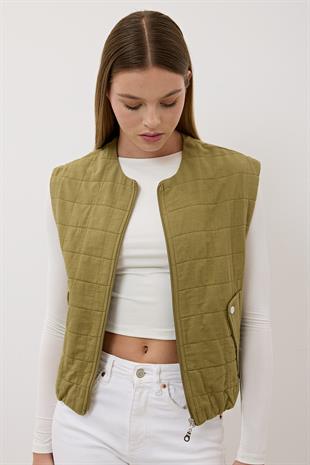Kadın Çıt Çıt Detaylı Fermuarlı Desenli Yelek HAKİ
