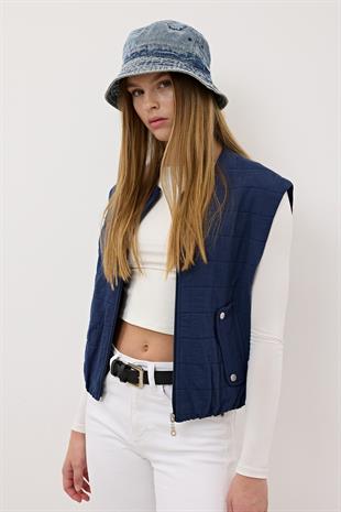 Kadın Çıt Çıt Detaylı Fermuarlı Desenli Yelek LACİVERT