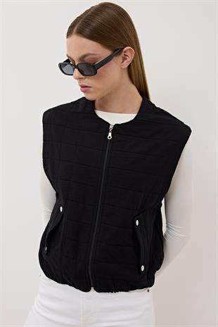 Kadın Çıt Çıt Detaylı Fermuarlı Desenli Yelek SİYAH