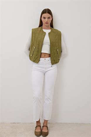 Kadın Çıt Çıt Detaylı Fermuarlı Desenli Yelek HAKİ