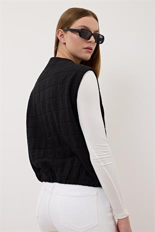 Kadın Çıt Çıt Detaylı Fermuarlı Desenli Yelek SİYAH