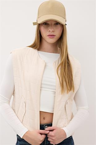 Kadın Çıt Çıt Detaylı Fermuarlı Desenli Yelek TAŞ