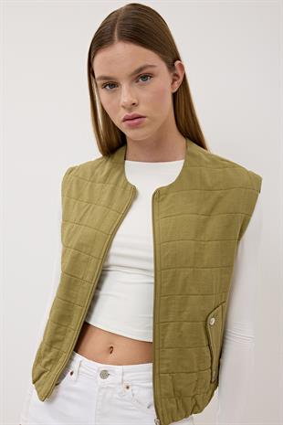 Kadın Çıt Çıt Detaylı Fermuarlı Desenli Yelek HAKİ