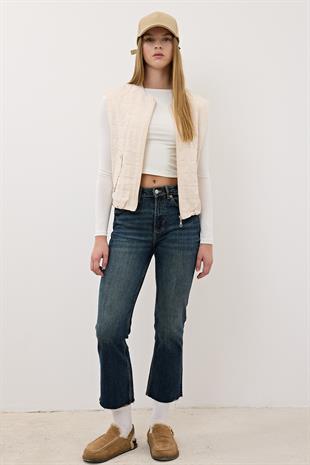 Kadın Çıt Çıt Detaylı Fermuarlı Desenli Yelek TAŞ