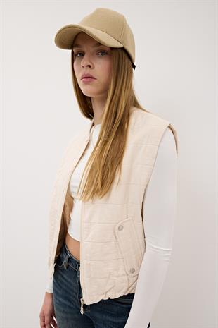 Kadın Çıt Çıt Detaylı Fermuarlı Desenli Yelek TAŞ