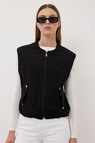 Kadın Çıt Çıt Detaylı Fermuarlı Desenli Yelek SİYAH