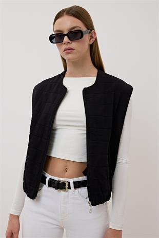 Kadın Çıt Çıt Detaylı Fermuarlı Desenli Yelek SİYAH