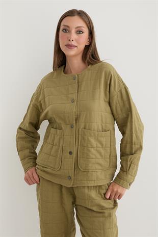 Kadın Çıt Çıt Detaylı Jakar Kapitone Ceket HAKİ