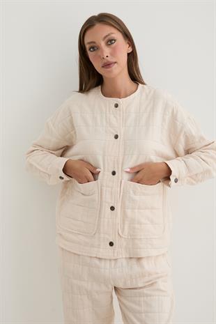 Kadın Çıt Çıt Detaylı Jakar Kapitone Ceket TAŞ