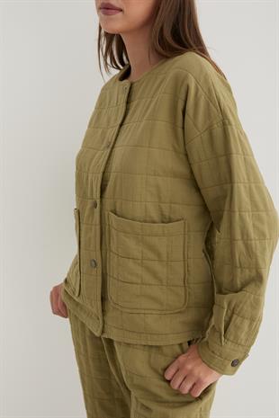 Kadın Çıt Çıt Detaylı Jakar Kapitone Ceket HAKİ