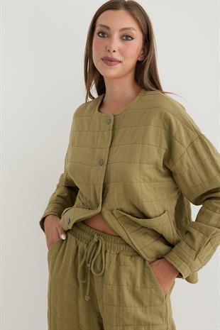 Kadın Çıt Çıt Detaylı Jakar Kapitone Ceket HAKİ