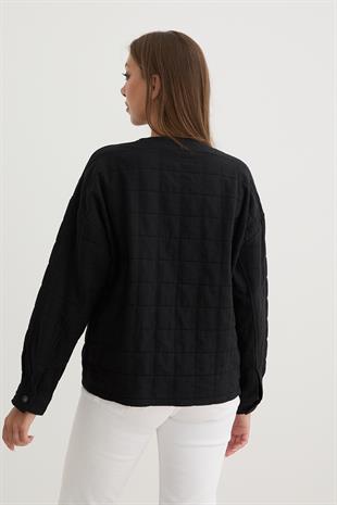 Kadın Çıt Çıt Detaylı Jakar Kapitone Ceket SİYAH