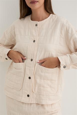 Kadın Çıt Çıt Detaylı Jakar Kapitone Ceket TAŞ