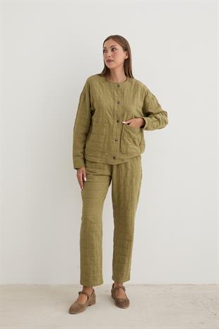 Kadın Çıt Çıt Detaylı Jakar Kapitone Ceket HAKİ