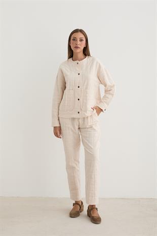 Kadın Çıt Çıt Detaylı Jakar Kapitone Ceket TAŞ