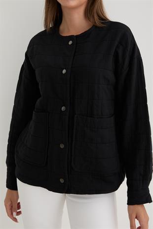 Kadın Çıt Çıt Detaylı Jakar Kapitone Ceket SİYAH