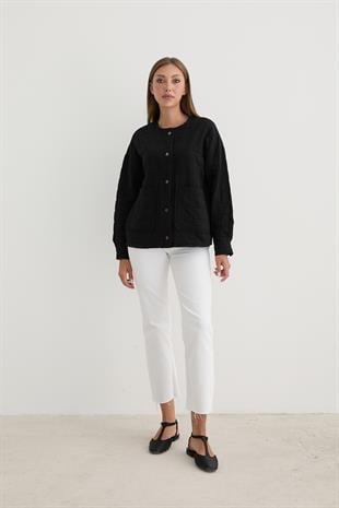 Kadın Çıt Çıt Detaylı Jakar Kapitone Ceket SİYAH