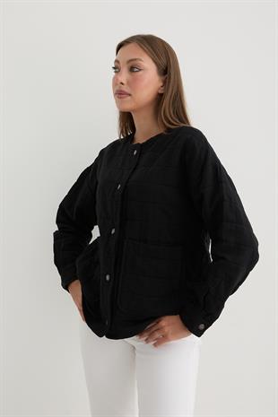Kadın Çıt Çıt Detaylı Jakar Kapitone Ceket SİYAH