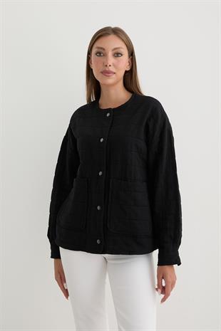 Kadın Çıt Çıt Detaylı Jakar Kapitone Ceket SİYAH