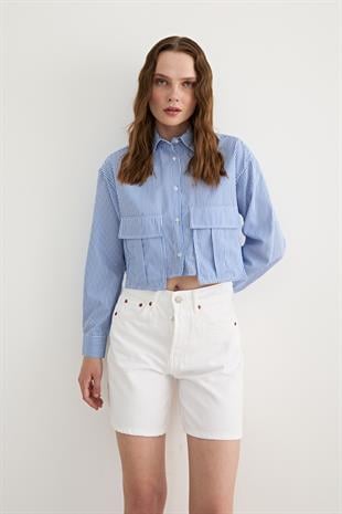 Kadın Çizgili Crop Gömlek ÇİZGİLİ