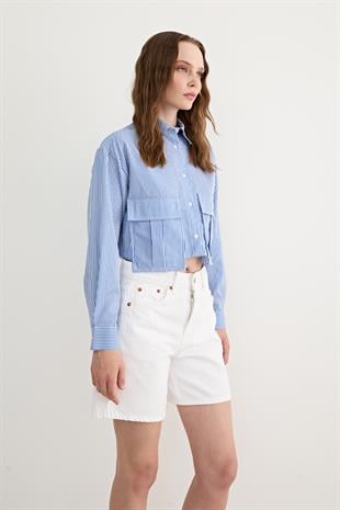 Kadın Çizgili Crop Gömlek ÇİZGİLİ