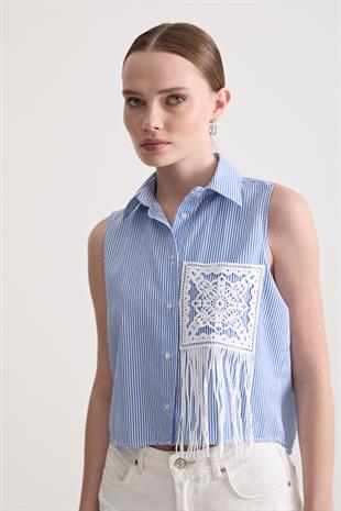 Kadın Çizgili Oversize Kolsuz Gömlek ÇİZGİLİ