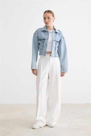 Kadın Crop Denim Ceket KAR YIKAMA