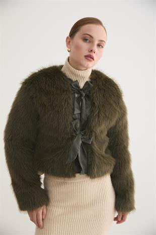 Kadın Deri Fiyonk Detaylı Kürk HAKİ