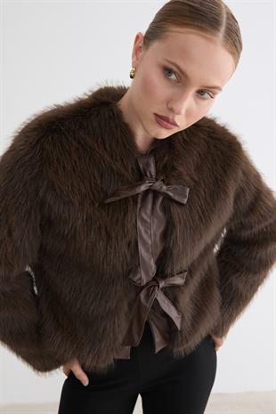 Kadın Deri Fiyonk Detaylı Kürk KAHVE