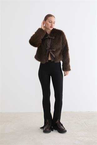 Kadın Deri Fiyonk Detaylı Kürk KAHVE