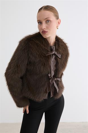 Kadın Deri Fiyonk Detaylı Kürk KAHVE