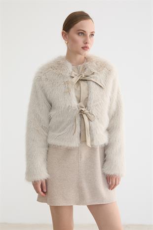 Kadın Deri Fiyonk Detaylı Kürk TAŞ