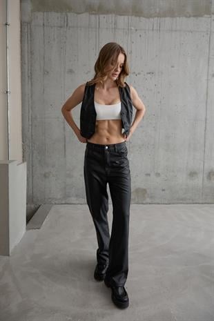 Kadın Düğmeli Crop Deri Yelek SİYAH