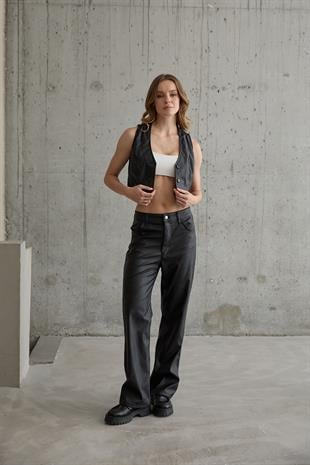 Kadın Düğmeli Deri Pantolon SİYAH