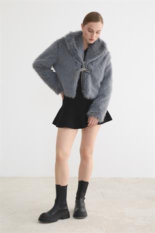 Kadın Garni Deri Fiyonk Detaylı Kürk GRİ