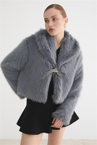 Kadın Garni Deri Fiyonk Detaylı Kürk GRİ